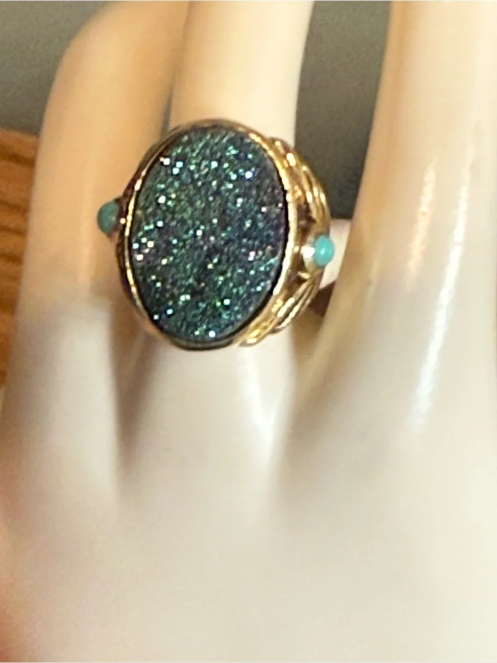 Gold Wash Sterling Silver 925 Druzy Ring Size 6.25-6.5 Turquoise Side Stones